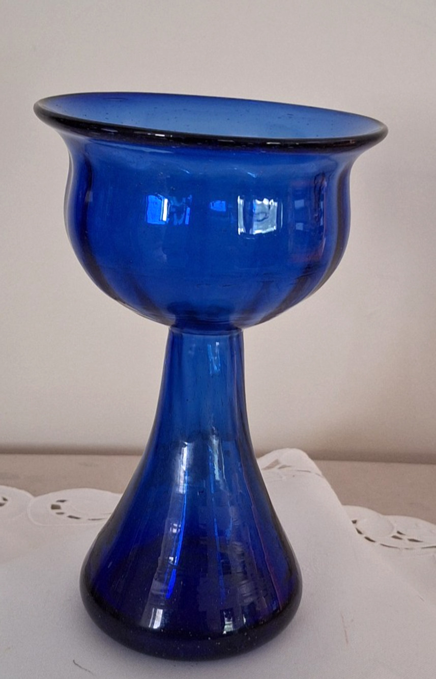 Vtg Cobalt Bue Hand Blown Glass Crocus Forcing Vase Optic Rib Polished Pontil